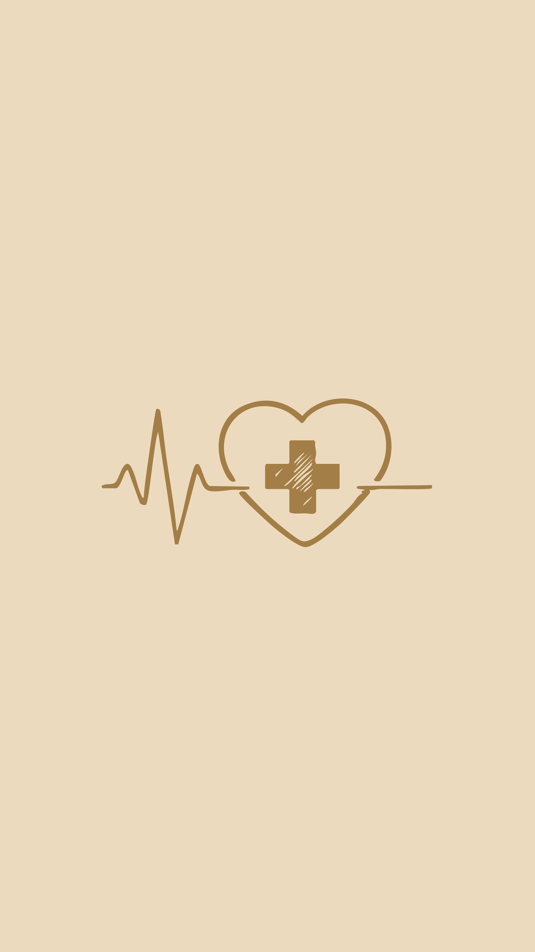 Medical-themed illustration with an electrocardiogram line, a heart shape, and a medical cross inside the heart, all in brown on a beige background.