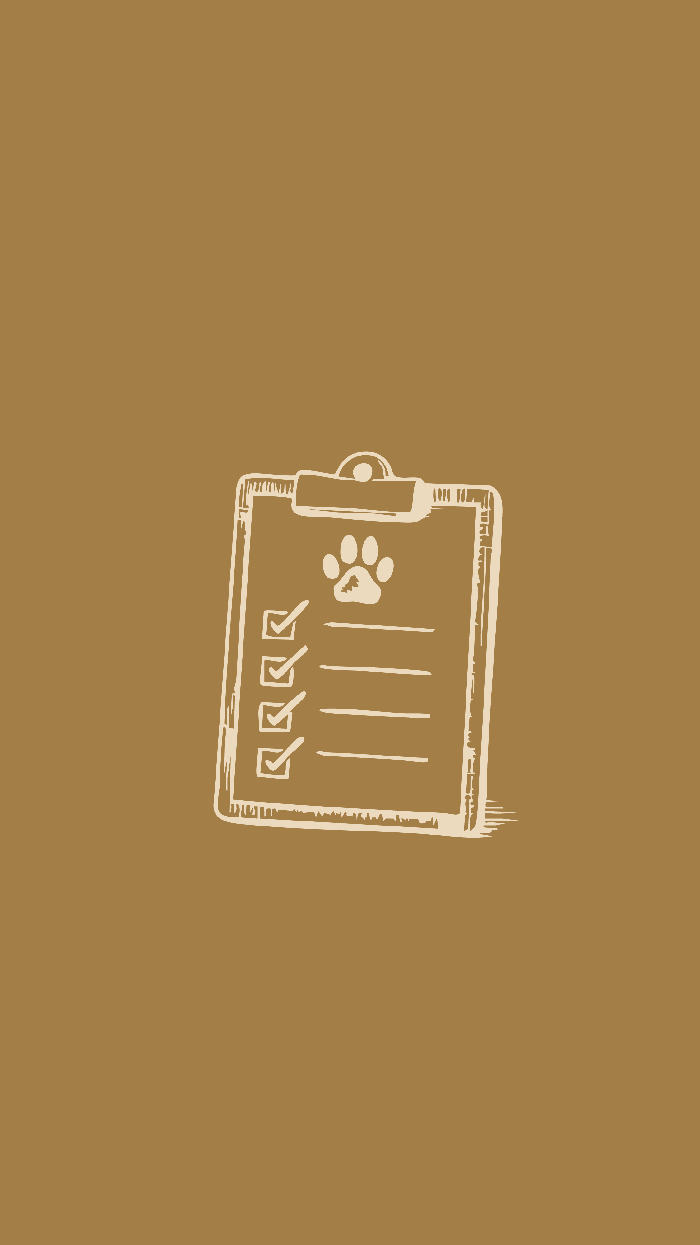 Brown background with a sketched dog adoption checklist on a clipboard, featuring a paw print icon and checkboxes.