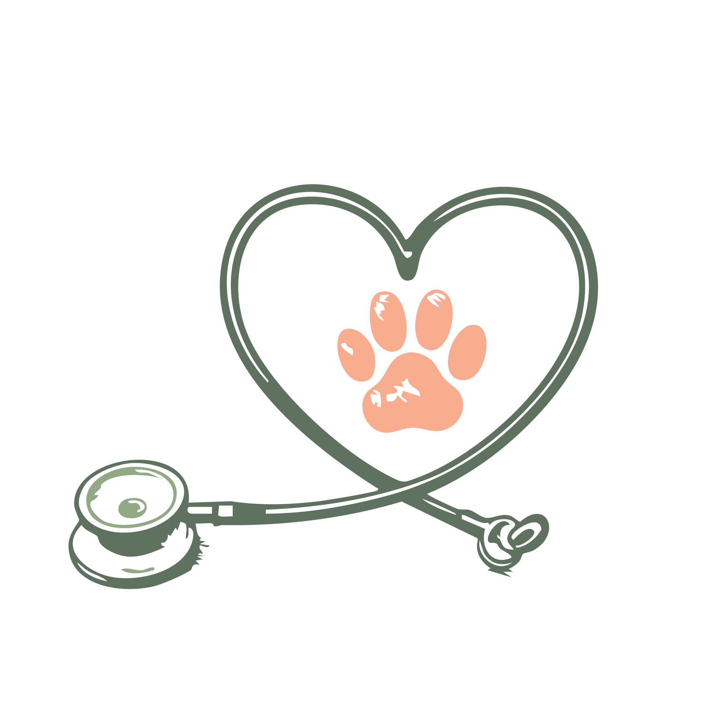 A cartoon illustration of a cute bunny inside a heart-shaped outline, with a paw print at the bottom and a rolled-up scroll at the side.