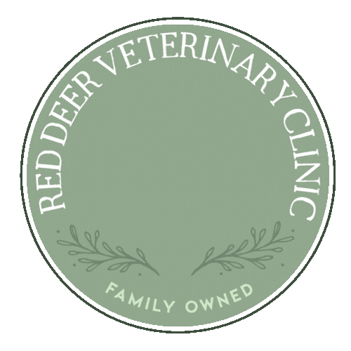 Round logo with green background and white text that says 'Red Deer Veterinary Clinic' and 'Family Owned', with decorative laurel branches at the bottom.