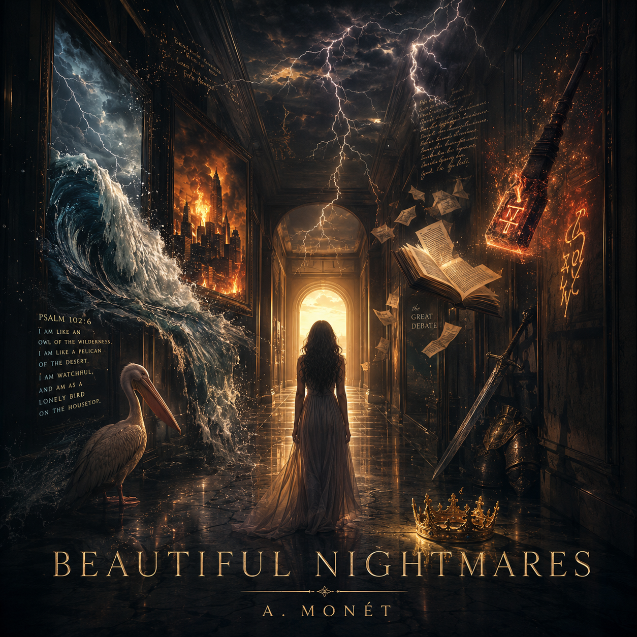 A mystical and surreal scene titled 'Beautiful Nightmares' by A. Monét, featuring a woman with long flowing hair in a grand hallway illuminated by a fiery sunset. The hallway is filled with floating books, a glowing sword, a crown on the floor, and a pelican with a long beak, with stormy sky and lightning overhead, and framed artwork on the walls depicting cityscapes and ocean waves.