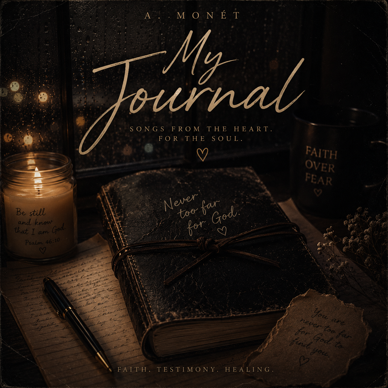 A dark, cozy scene featuring a journal with the quote 'Never too far for God' on the cover, a lit candle with the Bible verse 'Be still and know that I am God. Psalm 46:10' in a glass jar, a black mug with 'Faith Over Fear' printed on it, and handwritten notes and flowers, suggesting a reflective, spiritual atmosphere.
