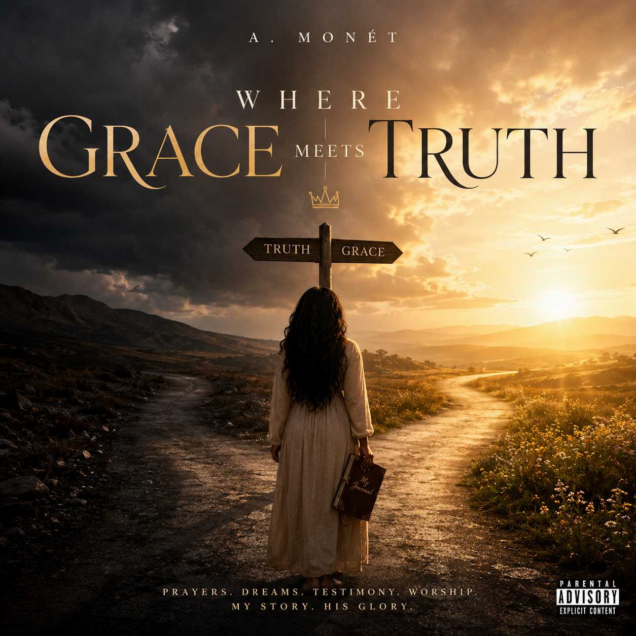 A woman with long dark hair standing at a fork in a dirt path during sunset, holding a journal. A signpost with 'Truth' pointing left and 'Grace' pointing right is in front of her. The sky is partly cloudy with birds flying, and mountains are visible in the distance. The text overlay reads 'Where Grace Meets Truth' and includes additional phrases at the bottom: 'Prayers. Dreams. Testimony. Worship. My Story. His Glory.'