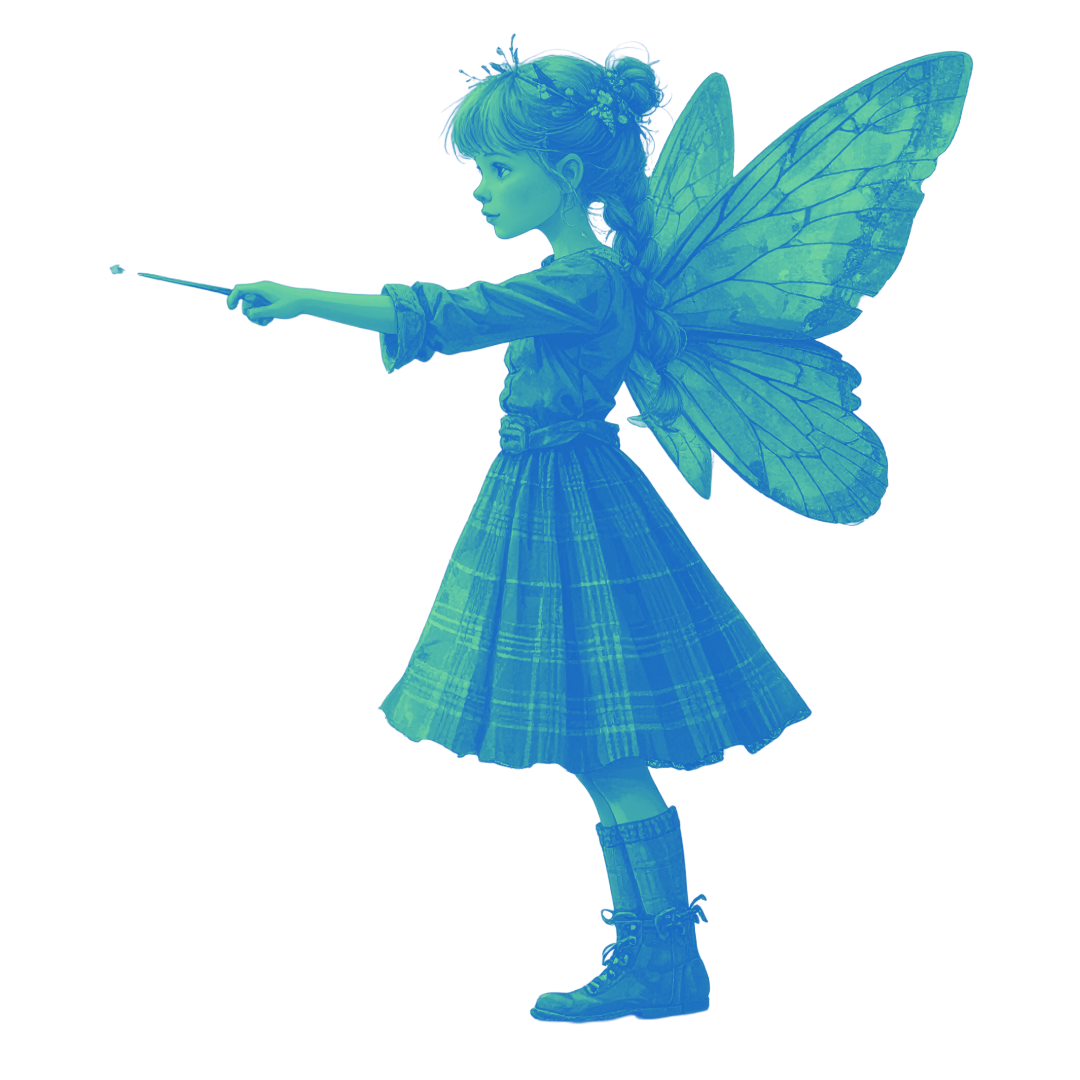 Colourized illustration of a Scottish fairy pointing a wand.