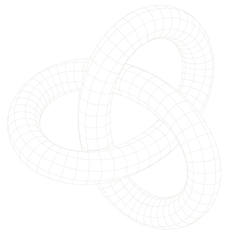 A white wireframe 3D model of three interlinked torus shapes on a black background.