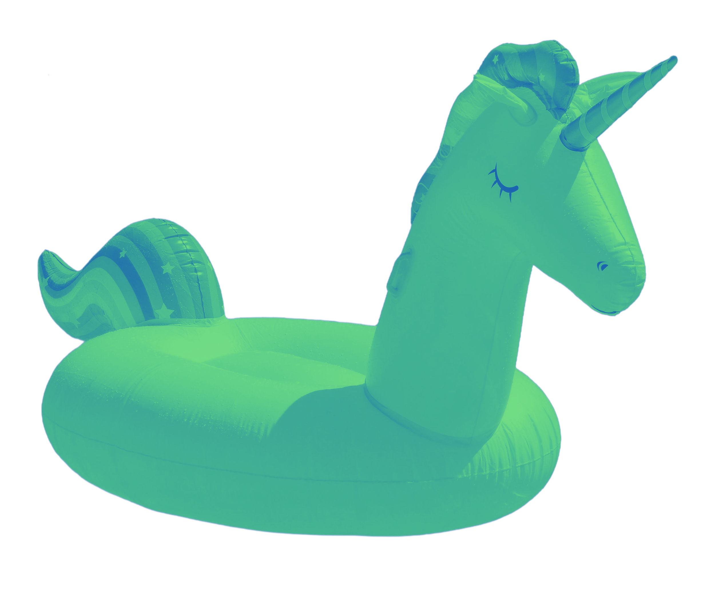 An colourized inflatable unicorn with a rainbow-coloured mane and tail.