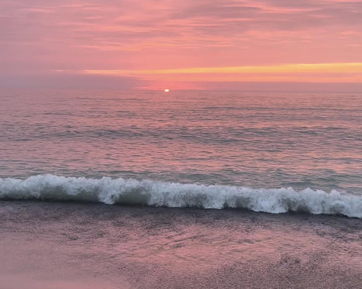 Sunrise over Lake Ontario with pink and orange clouds reflected on the water and gentle waves hitting the sandy beach.