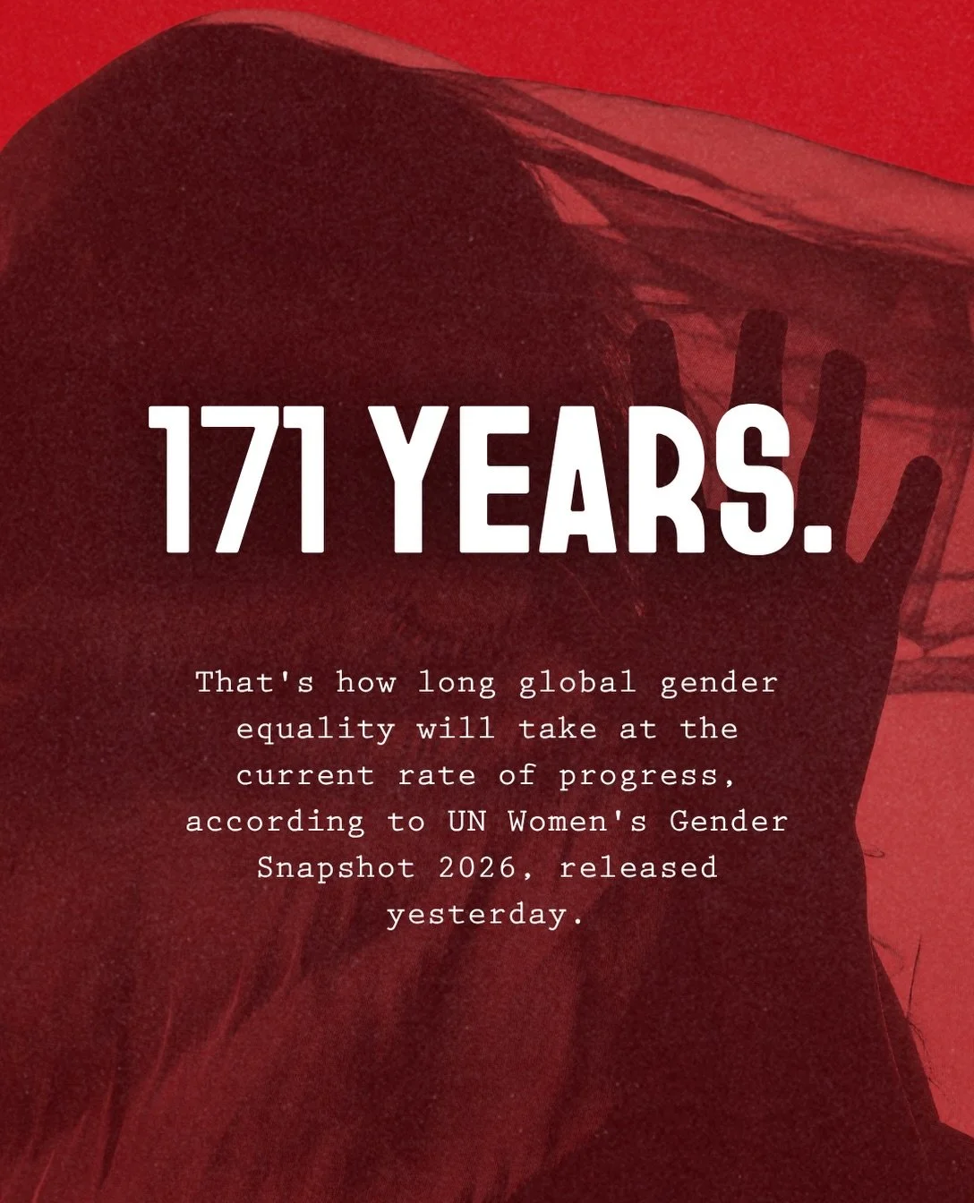 𝟏𝟕𝟏 𝐲𝐞𝐚𝐫𝐬.⁣
⁣
That&rsquo;s how long global gender equality will take at the current rate of progress, according to UN Women&rsquo;s Gender Snapshot 2026, released yesterday.⁣
⁣
171. It&rsquo;s a big number. Do we even understand what it means