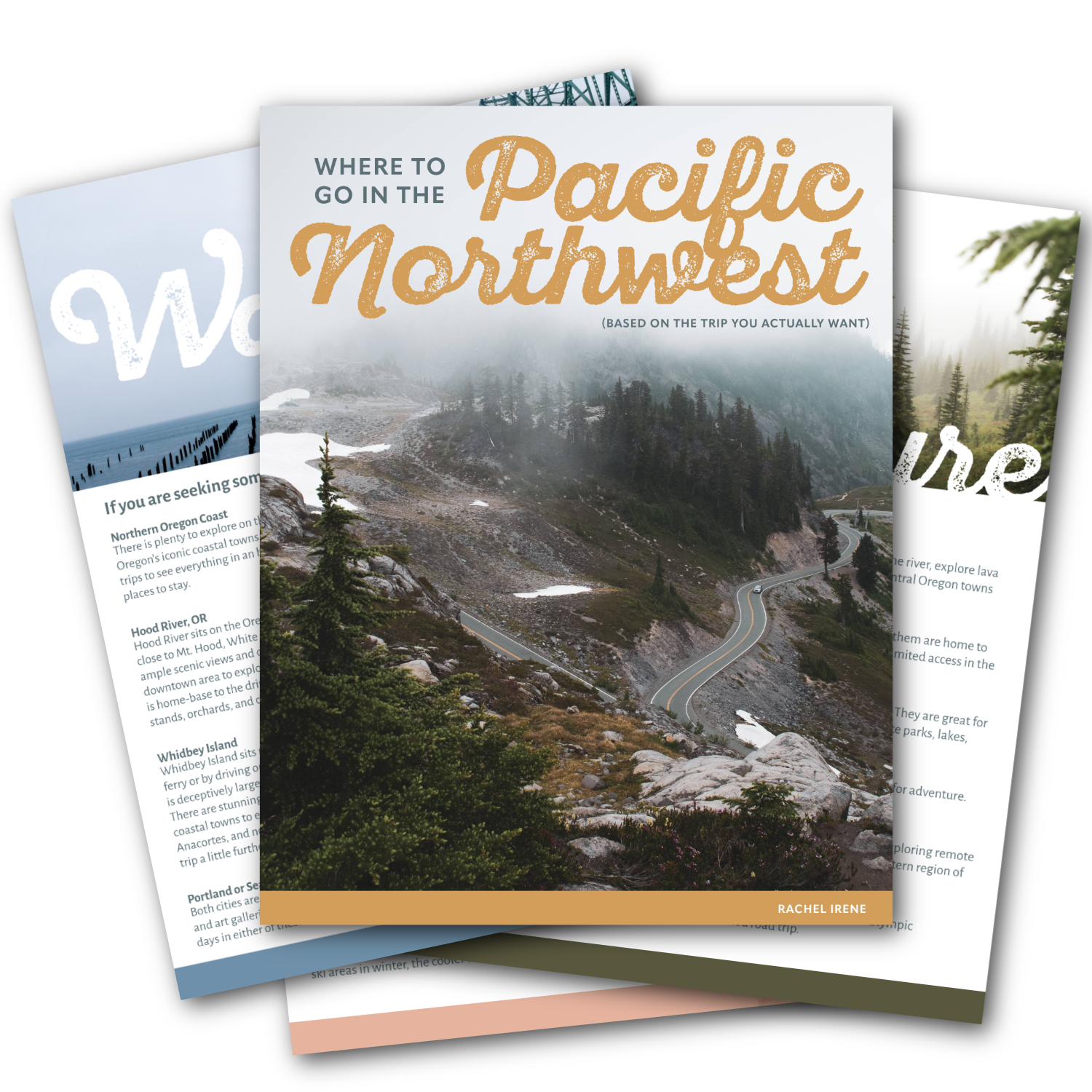 Cover of a travel guide titled "Where to go in the Pacific Northwest," with a scenic mountain landscape featuring a winding road, trees, rocks, and fog.