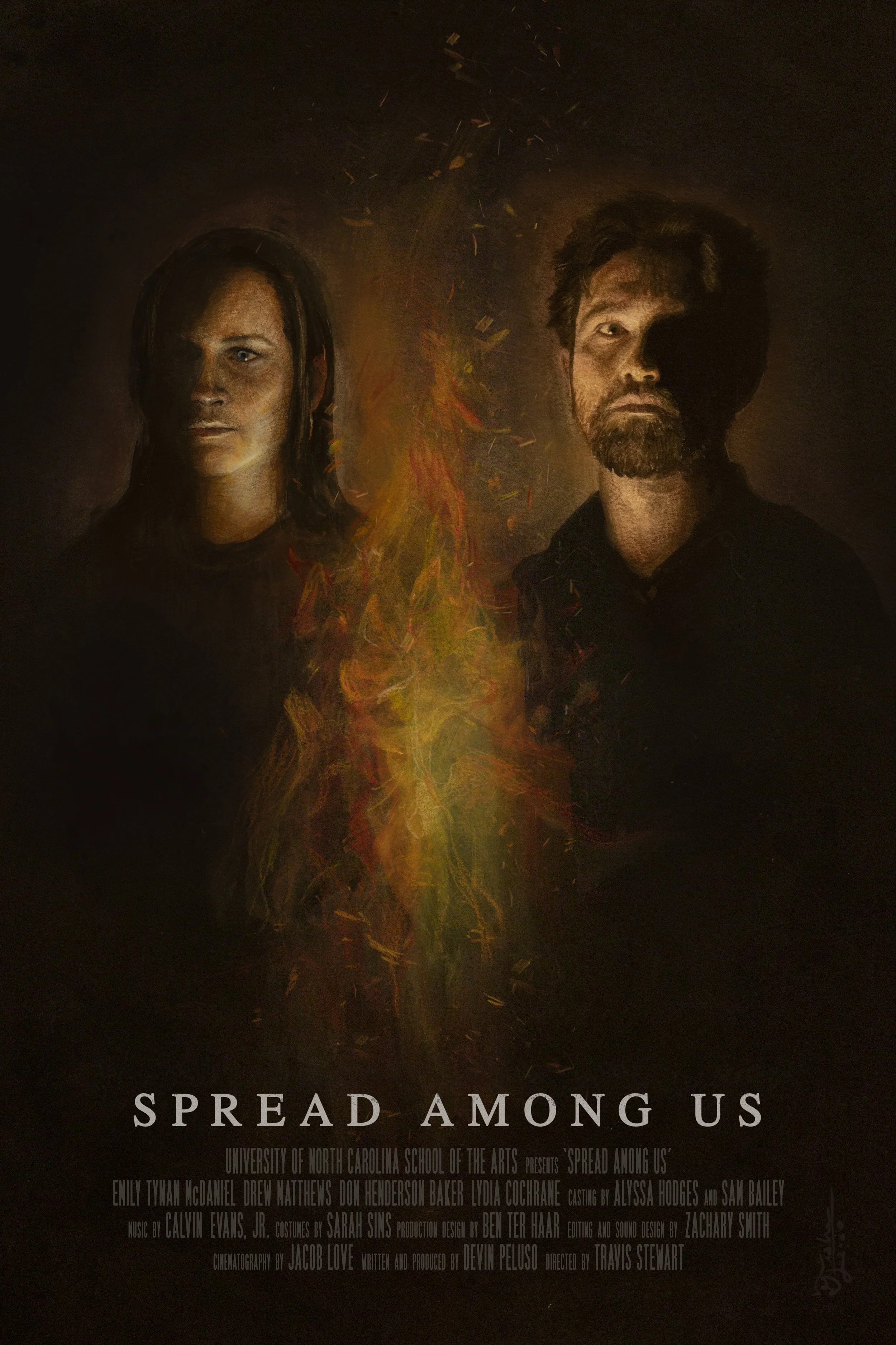 Poster for 'Spread Among Us' with two people and swirling colors in the background. Text mentions University of North Carolina School of the Arts.