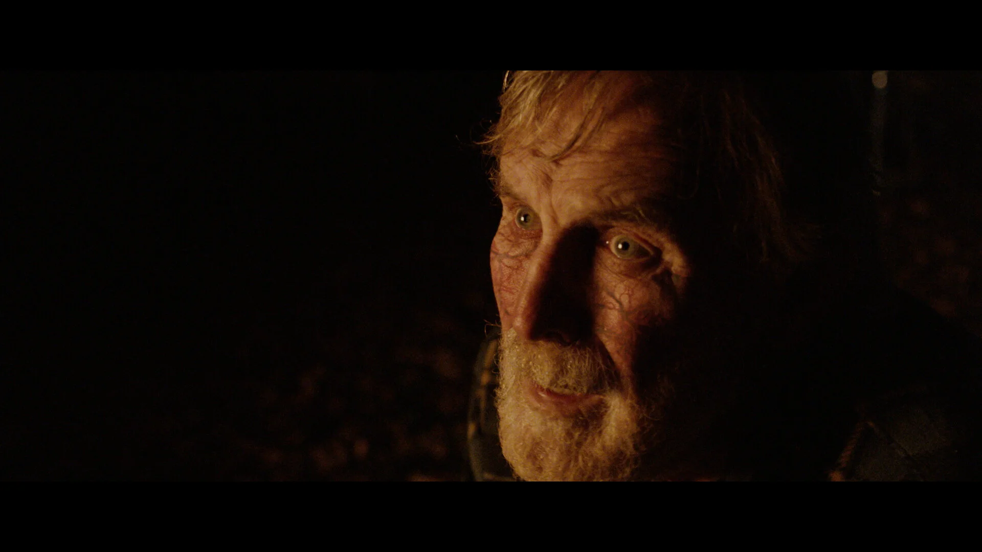 Close-up of an older man with a beard and gray hair in dim lighting, looking thoughtfully to the side.