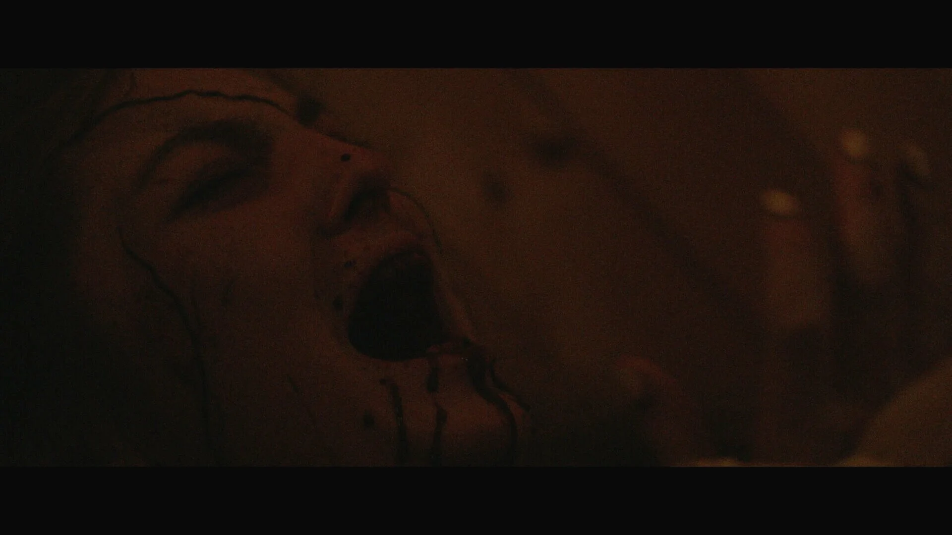 Dark, abstract scene with a partially visible face with closed eyes and open mouth, artistic lines, and other indistinct features.