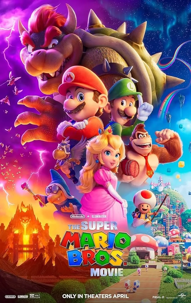 Poster for the Super Mario Bros Movie featuring Mario, Luigi, Princess Peach, Donkey Kong, Bowser, Toad, Toadette, and other characters from the Mario universe with colorful background.