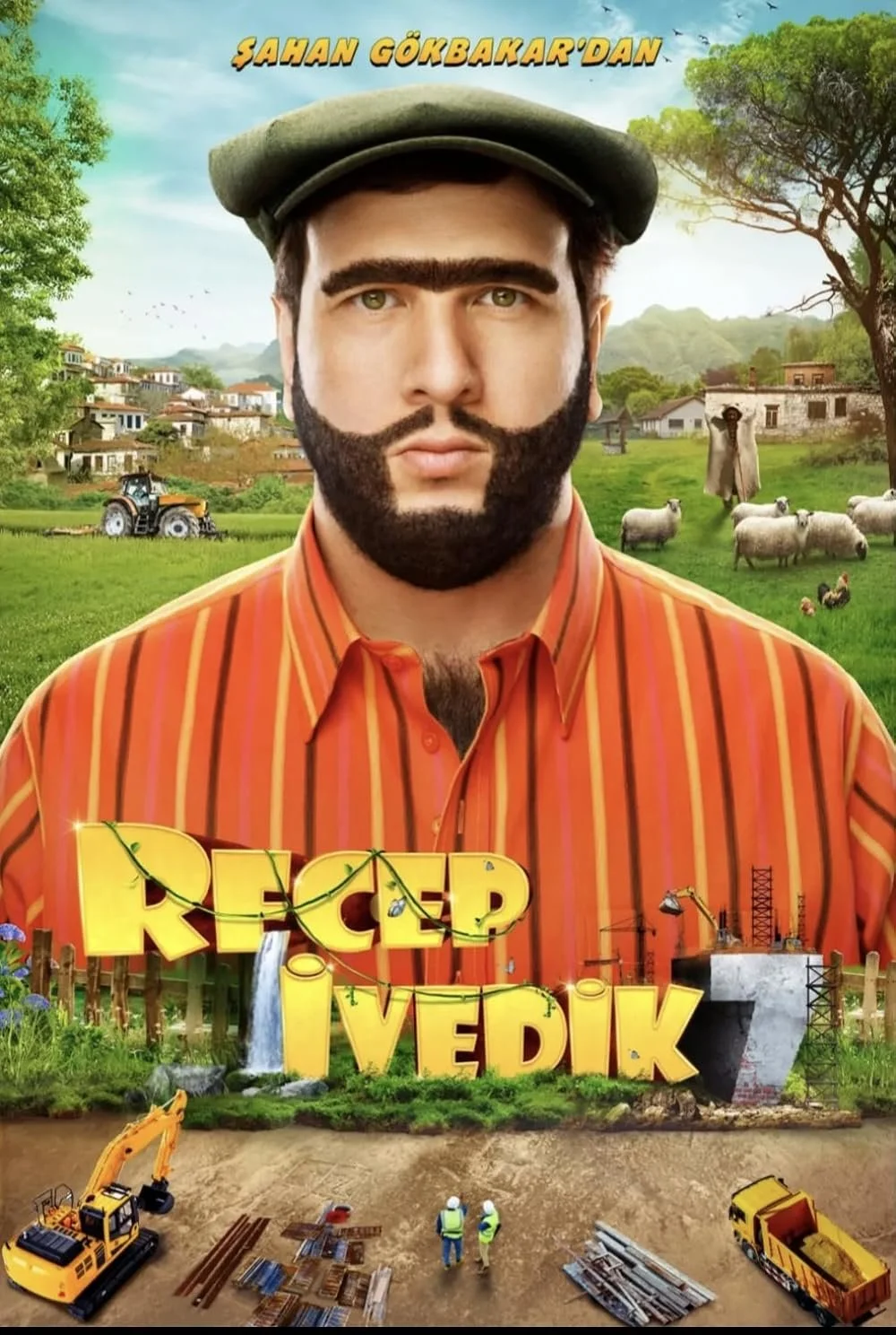 Promotional poster for a film titled "Reçed I Yedik" featuring a man with dark hair, a beard, and a flat cap, wearing a striped orange shirt, against a rural background with fields, sheep, chickens, a tractor, and construction site elements.