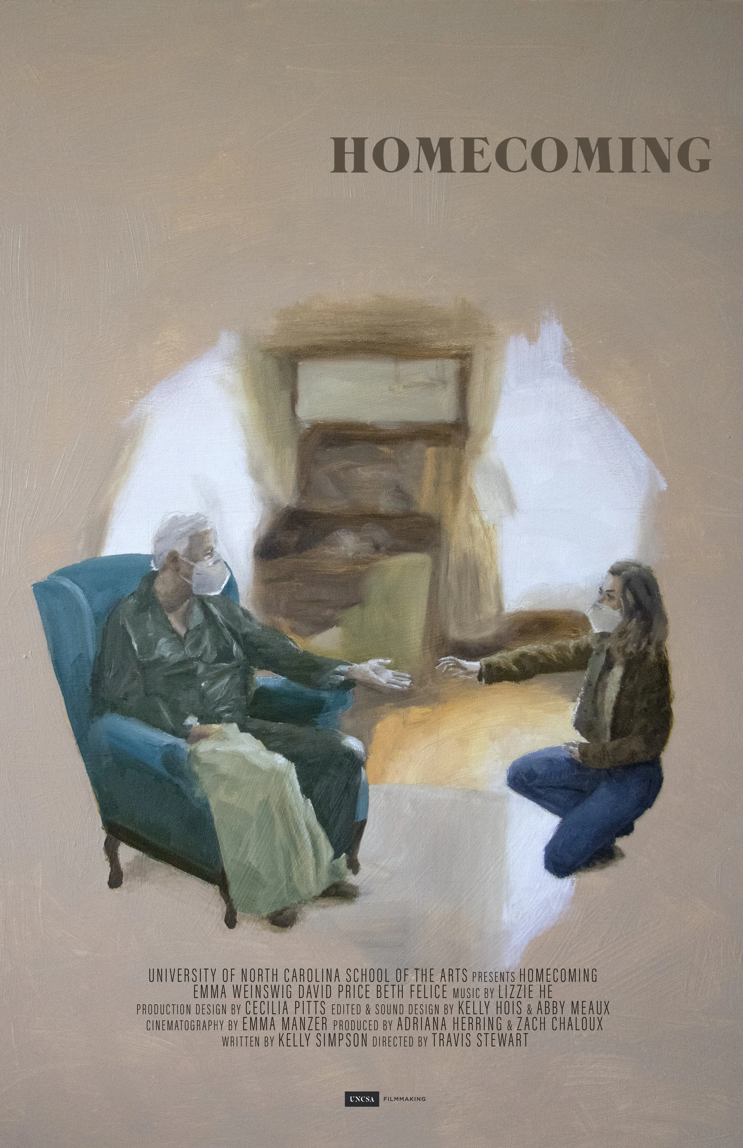 Poster for a University of North Carolina School of the Arts homecoming event titled 'HOMEComing' featuring a painting of two people, an older man and a young woman, sitting and kneeling, respectively, and shaking hands, both wearing protective face masks.