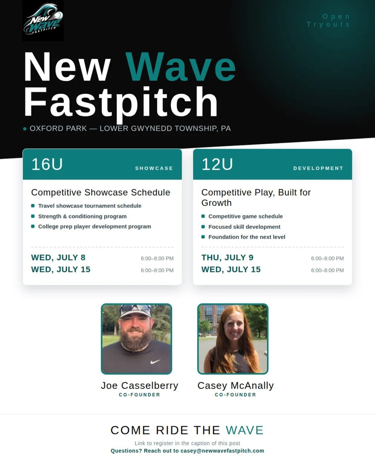 🌊🥎 New Wave Fastpitch Tryout Registration is LIVE 🥎🌊

Ready to take your game to the next level? Join us in July for New Wave Fastpitch tryouts!

📍Location: Oxford Park, Lower Gwynedd Township PA

🔷 16U Tryouts - July 8 &amp; 15
🔷 12U Tryouts 