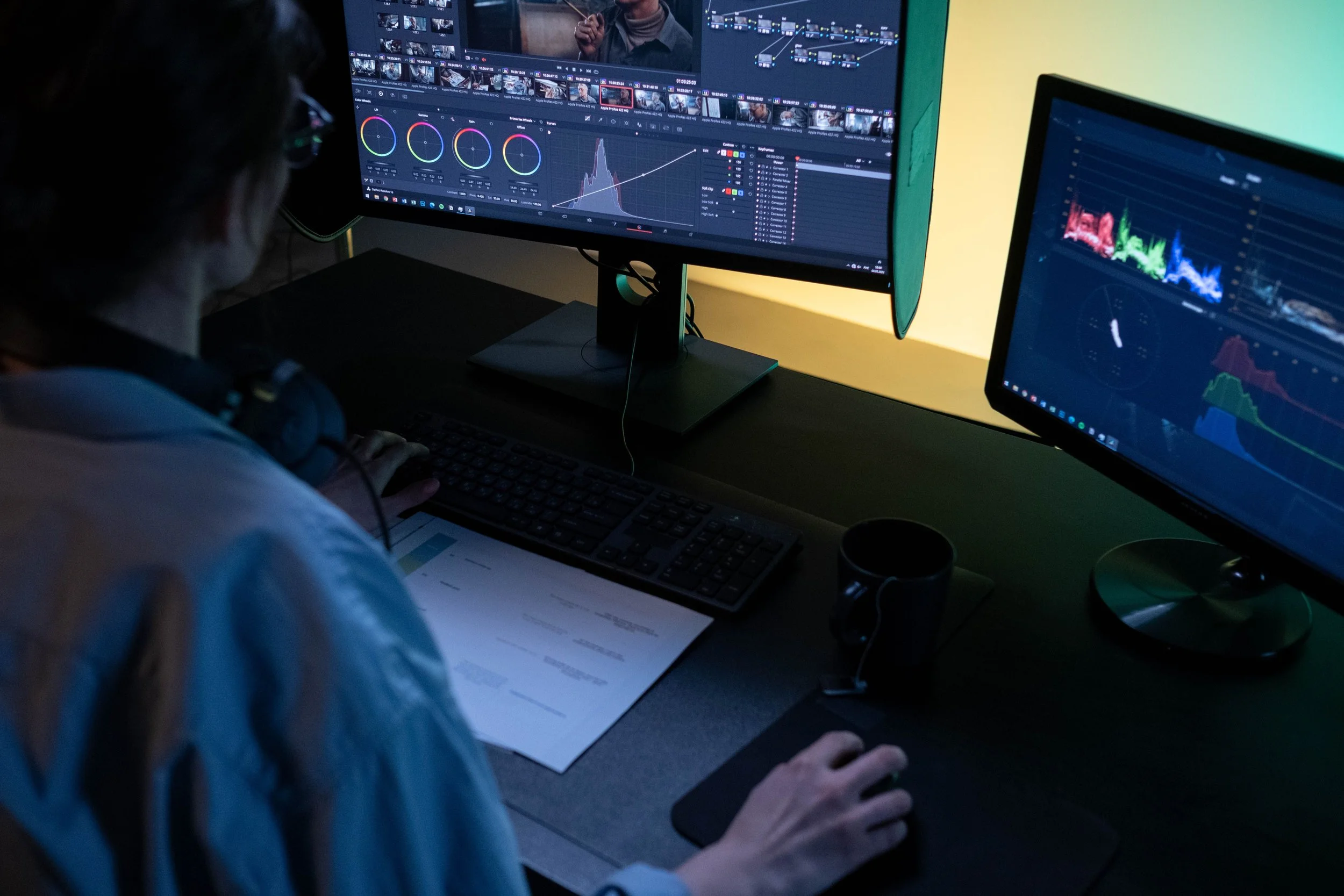 A person works on video editing on a computer with dual monitors, displaying color waveforms, graphs, and editing timelines.