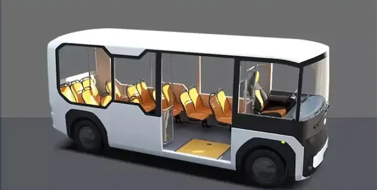 A white electric shuttle bus with orange seats, open doors, and large windows.
