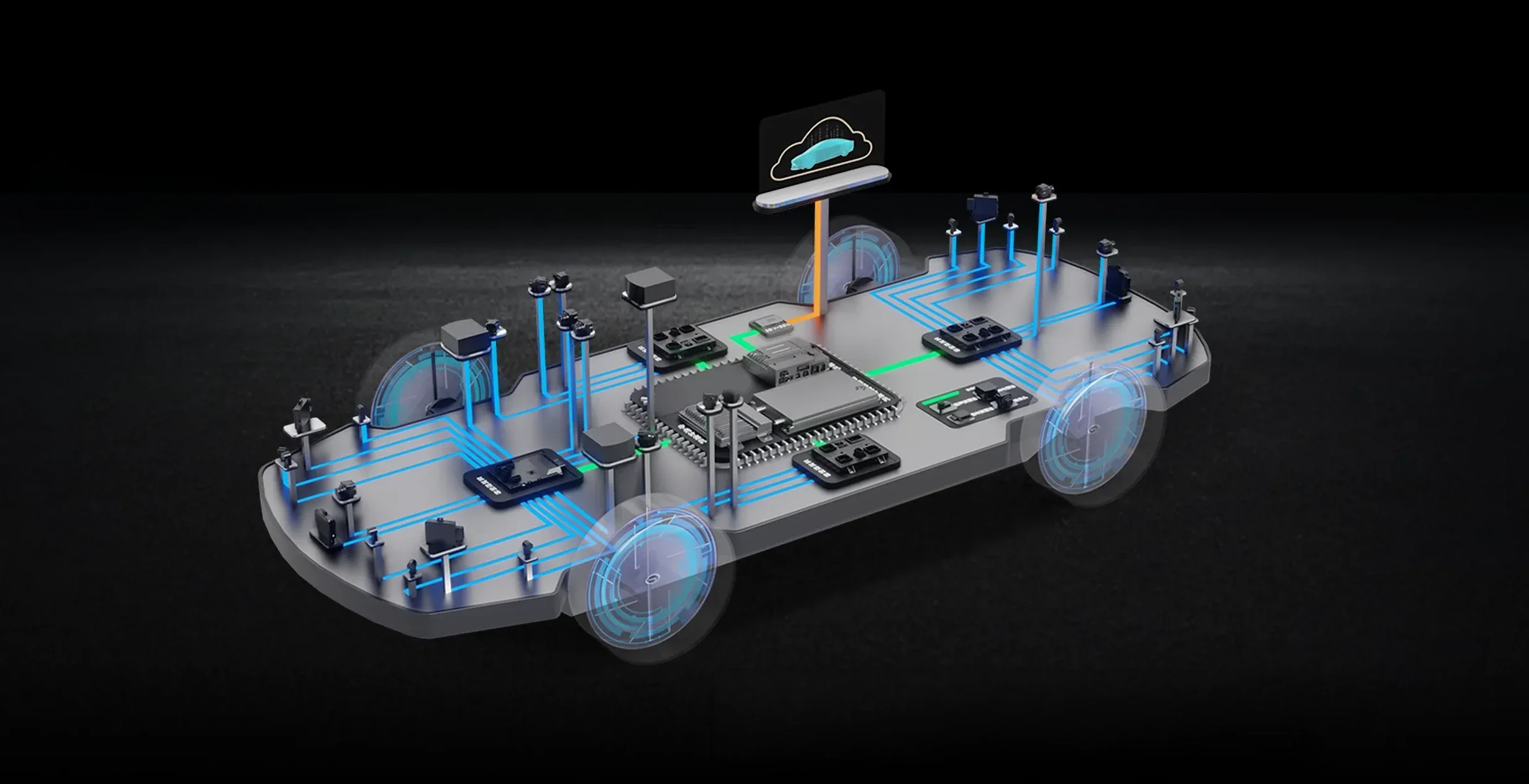 Digital illustration of a futuristic vehicle with interconnected technology components, including circuits, sensors, and a cloud icon.