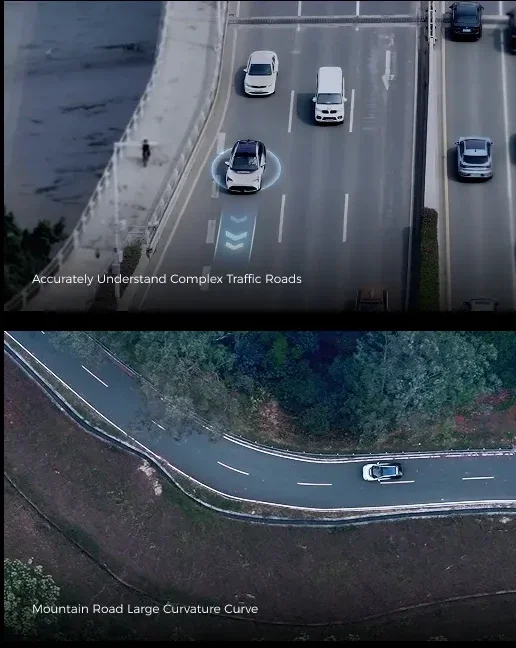 Top image shows a drone view of cars on a complex traffic road with multiple lanes, some vehicles turning, and a guardrail along the side. Bottom image depicts a drone view of a mountain road with a large curve, surrounded by trees and vegetation.