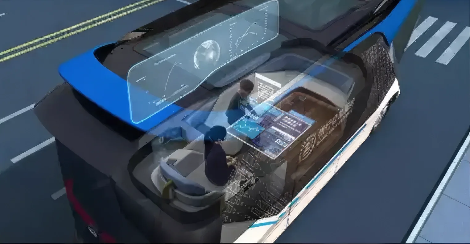 A futuristic car interior with a transparent roof showing a person working on digital screens and controls inside the vehicle.