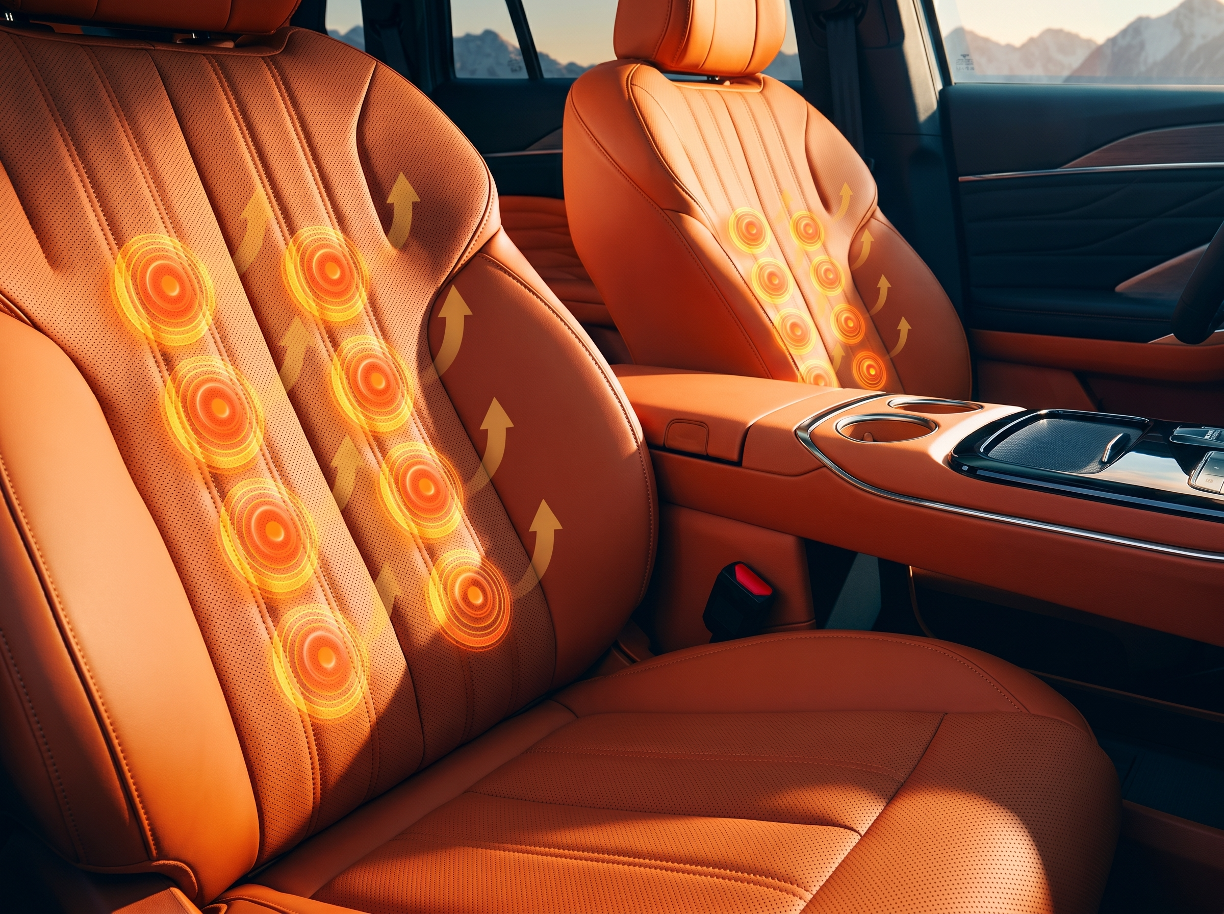 Interior of a luxury car showing orange leather seats with heat and massage icons and arrows indicating airflow and massage functions.