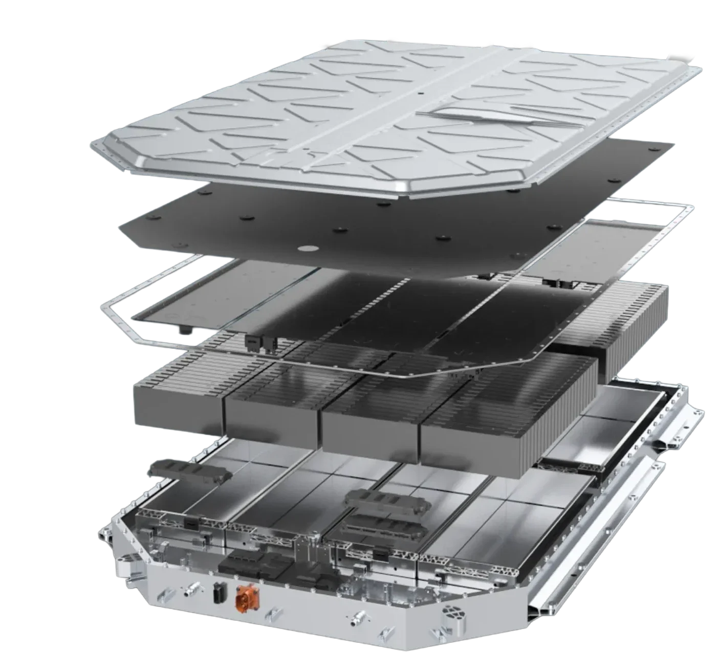 A detailed exploded view of a spacecraft or satellite showing multiple layers of components, including a top cover, electronic panels, and structural elements.