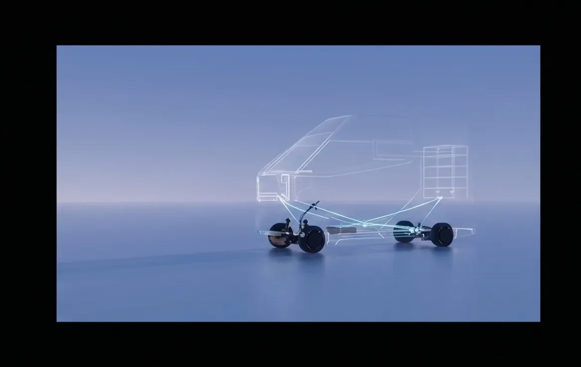 A skeletal wireframe outline of a vehicle, resembling a truck or bus, displayed above a small robotic platform with three wheels and various sensors, set against a blue background.