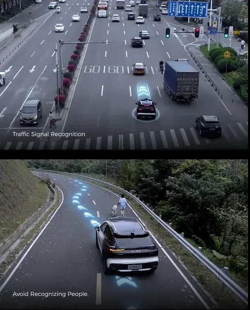 Two images showing autonomous vehicle technology. The first image depicts a car at a traffic light with lane markings and a digital overlay indicating traffic signal recognition, while the second image shows a car on a winding road with a digital overlay guiding the vehicle's path and emphasizing avoiding recognizing pedestrians.