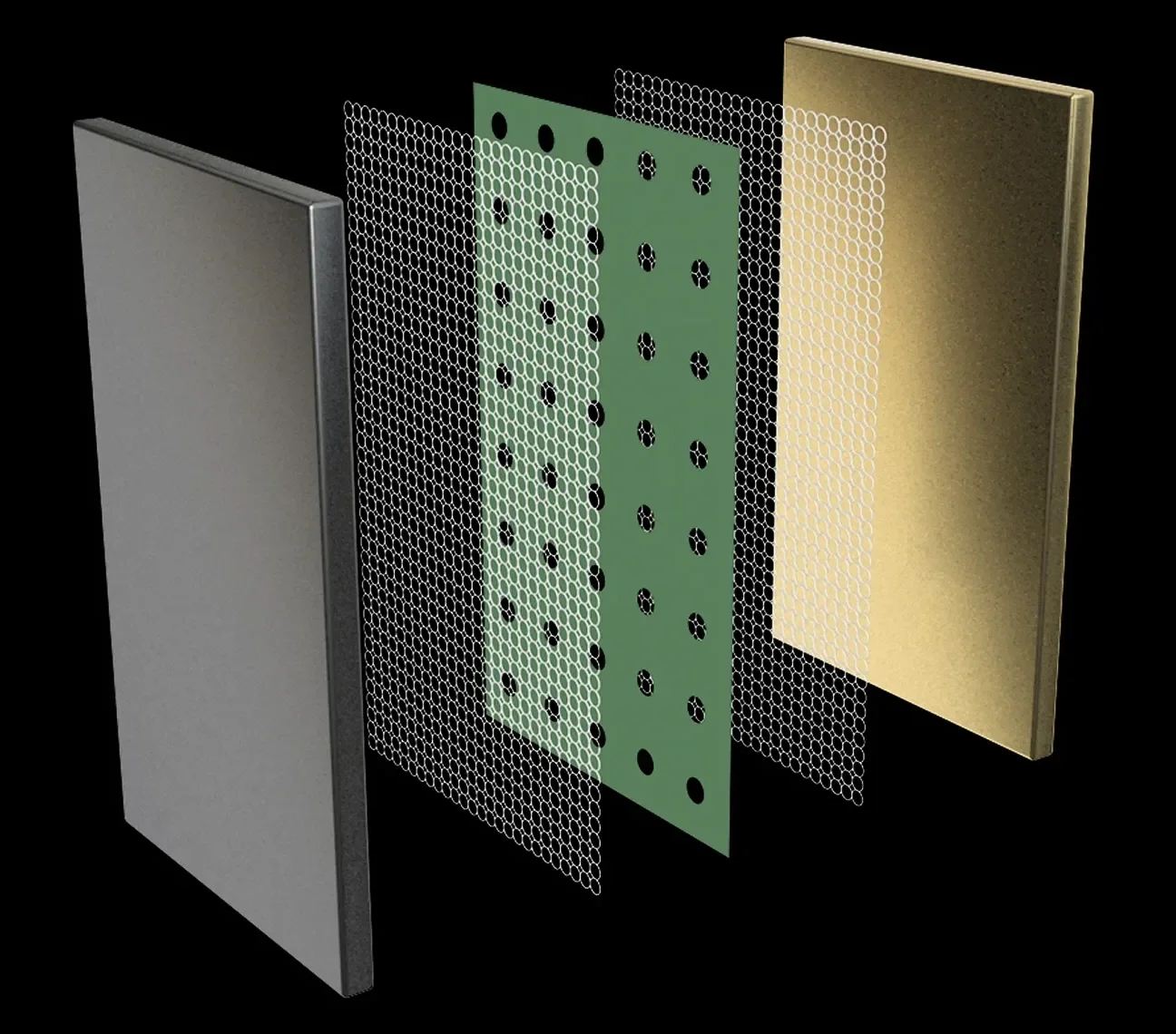 Exploded view of an air purifier showing the outer panel, filter, and internal components.