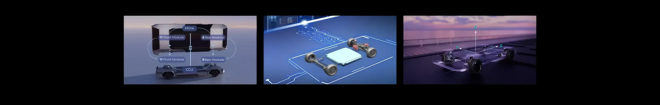 Three images showing components and systems related to autonomous vehicles and electric car technology.