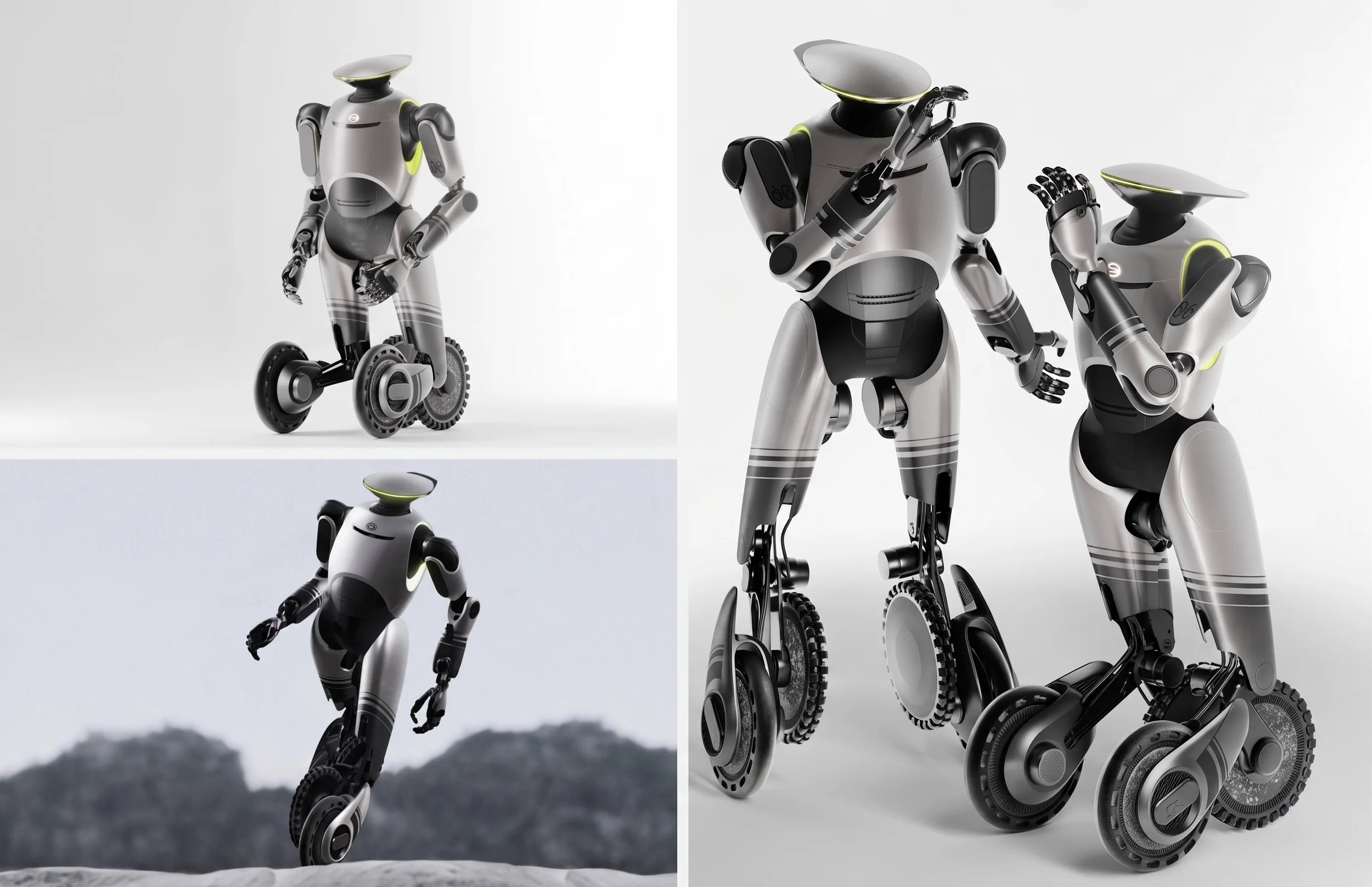 Two humanoid robots with a sleek gray design, black accents, and illuminated yellow lines, walking outdoors in a mountainous landscape. The robots have unique wheel-like feet designed for mobility.