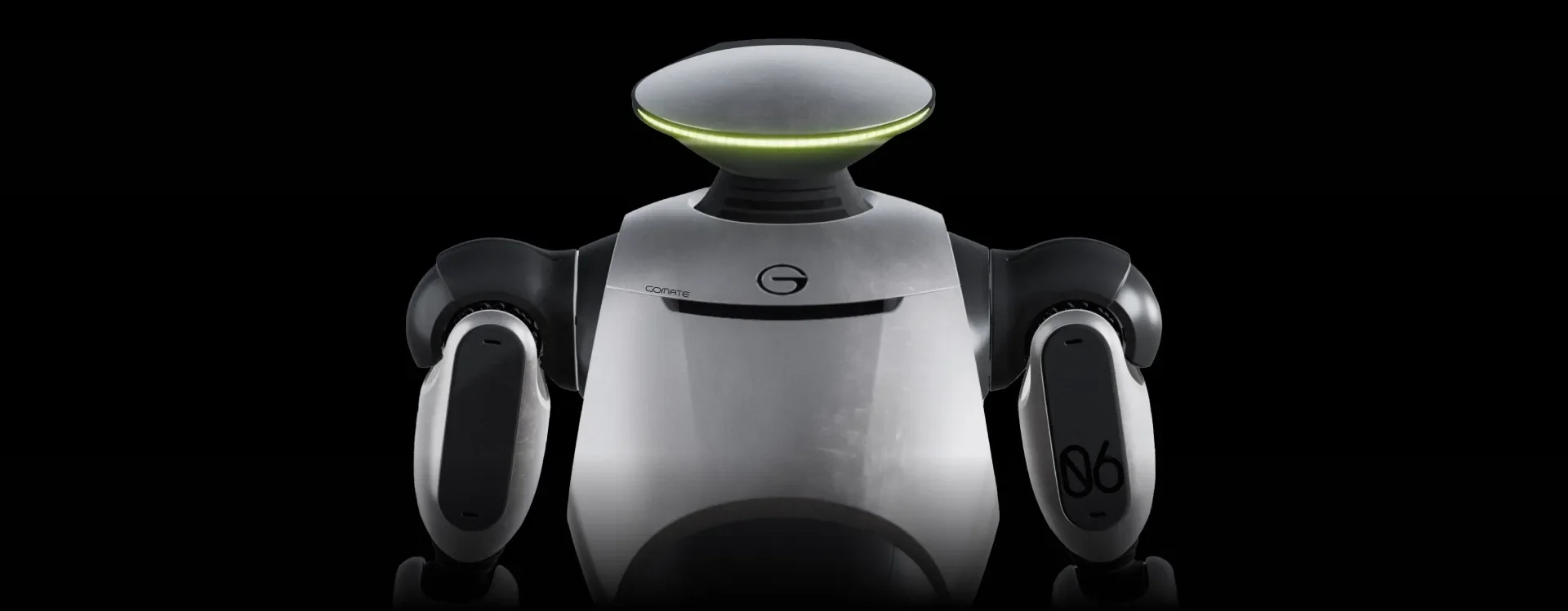 A sleek, futuristic robot with a round head, illuminated green ring around the head, and a white and black body, standing against a black background.
