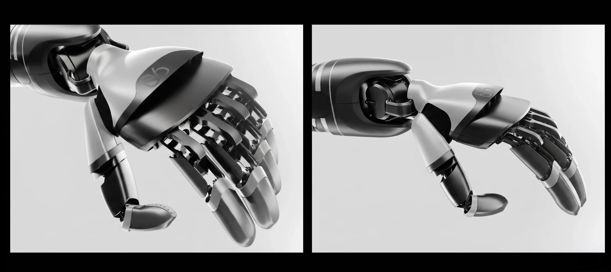 Comparison of two robotic hands, showing intricate mechanical and electronic components in black and white.