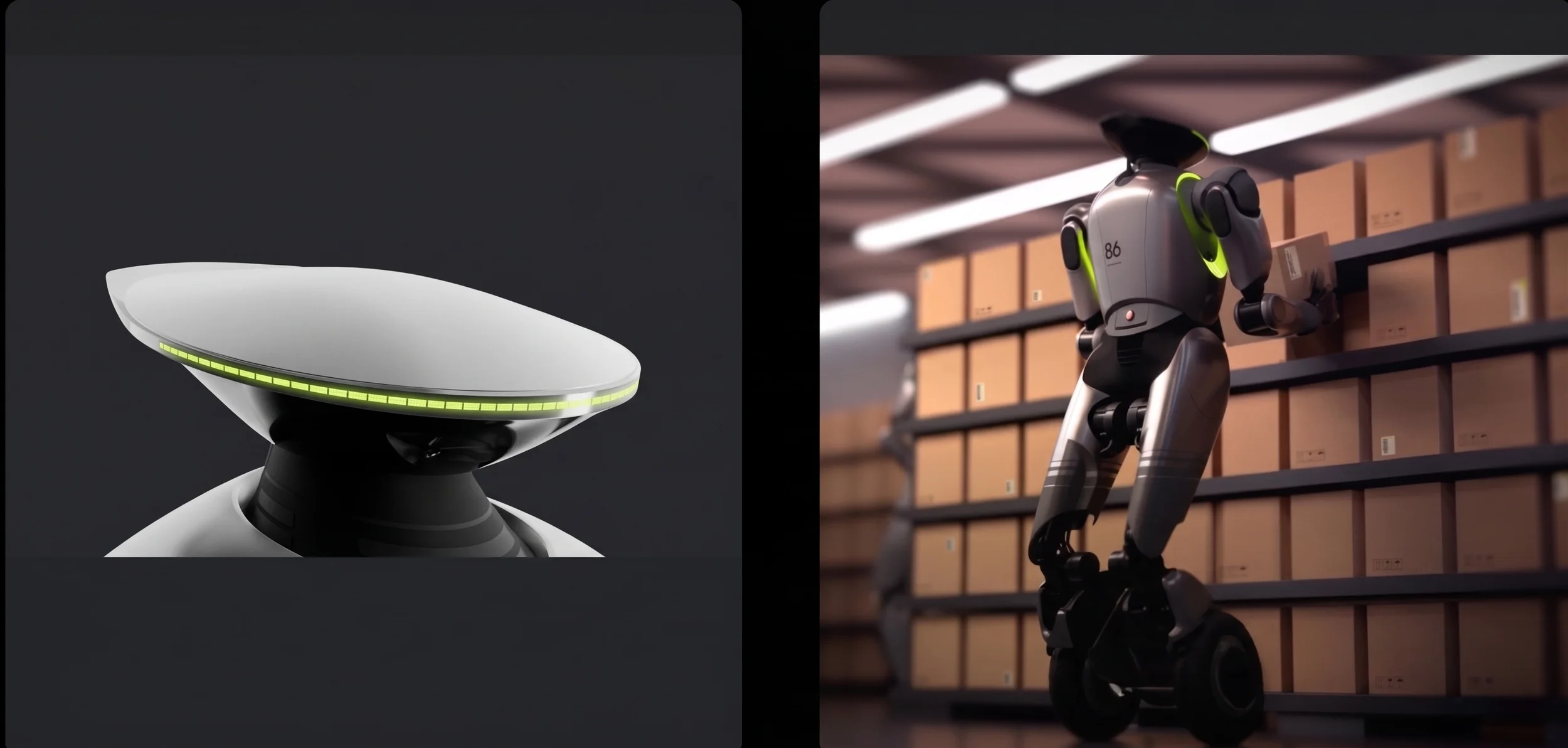 A robot with a humanoid appearance, black and gray body, and green accents, standing in a storage room with shelves of cardboard boxes.