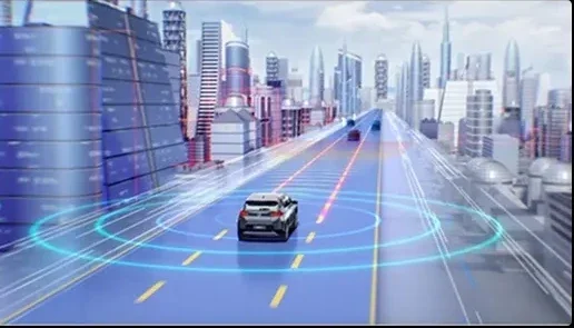 Futuristic cityscape with autonomous cars on a smart highway featuring digital lane markings and holographic overlays.