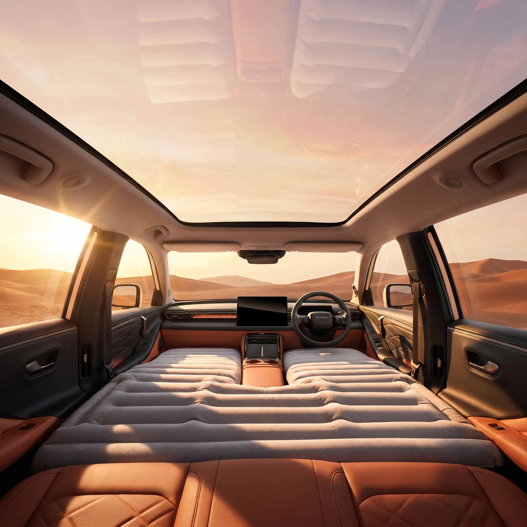 Interior view of a car with a panoramic sunroof showing a desert landscape with rolling dunes at sunset.