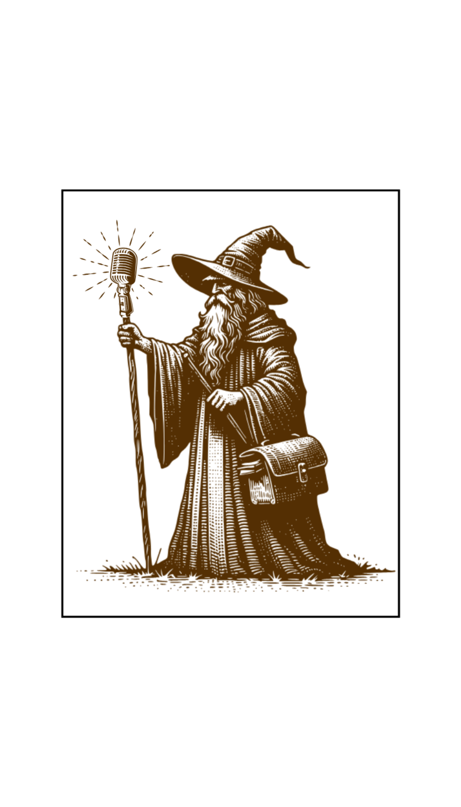A silhouette of a wizard wearing a tall, pointed hat, holding a staff with a glowing orb at the top, standing on the ground.