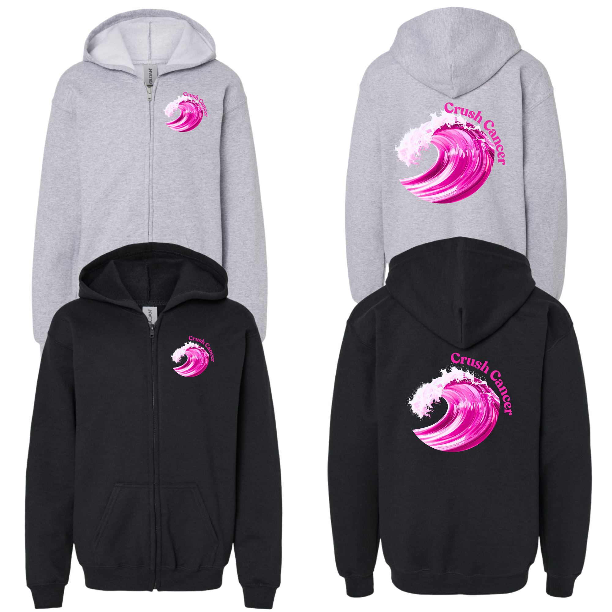 Men's/Unisex Full Zipped Hooded Sweatshirt with Crush Cancer Logo in Black or Gray