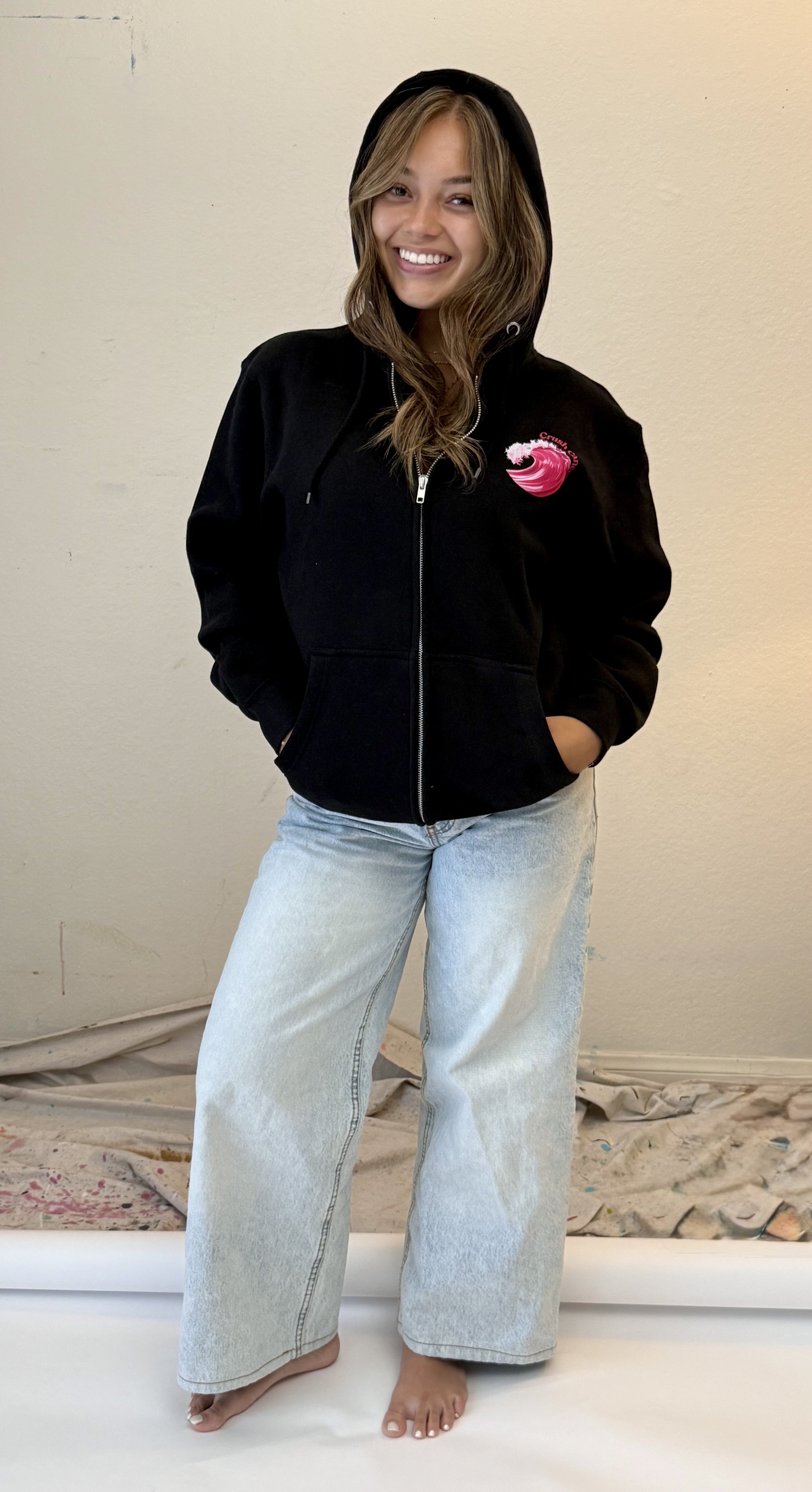 Women's/Unisex Premium Full Zipped Hooded Sweatshirt with Crush Cancer Logo in Black and Gray
