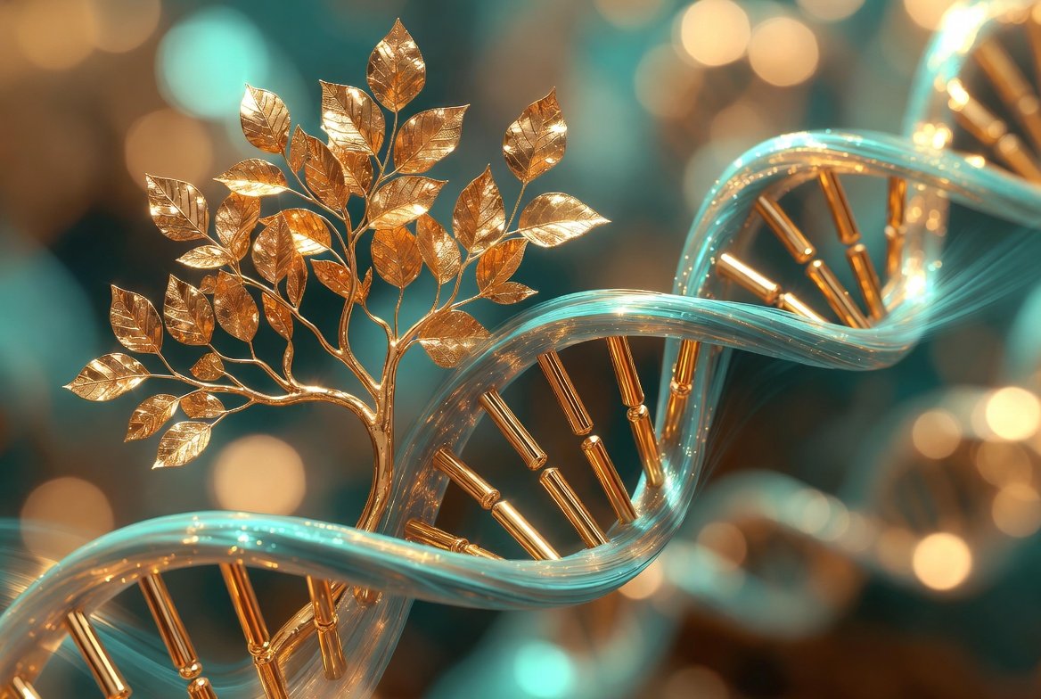 A decorative DNA double helix strand with a gold-colored tree branch and leaves intertwined in the structure.