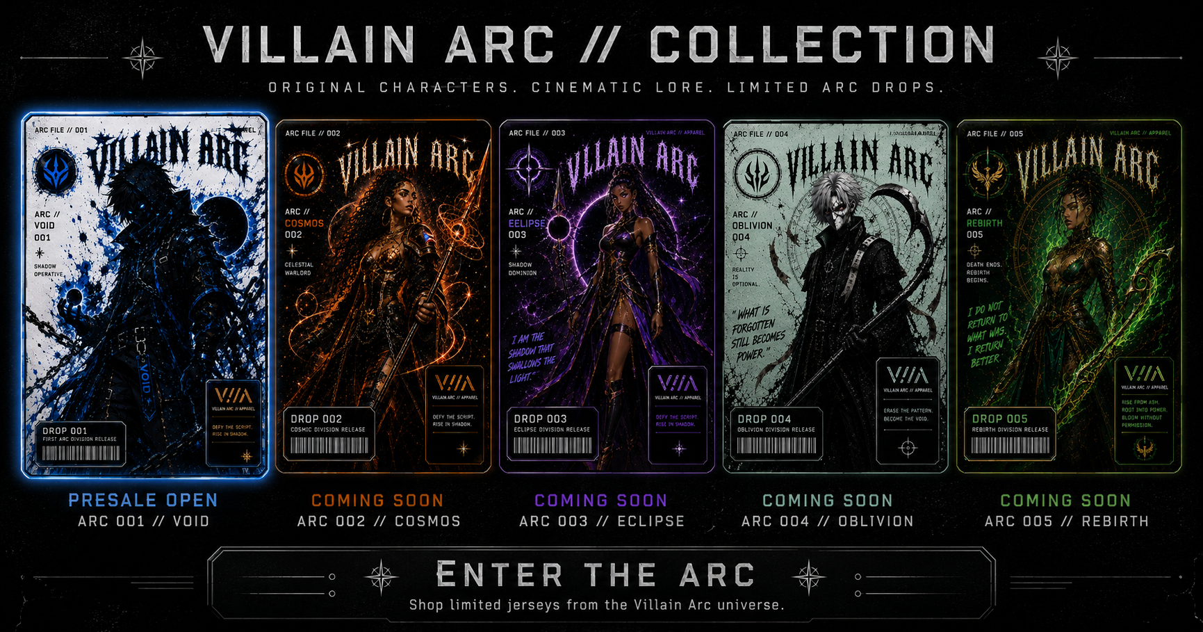 Promotional poster for the Villain Arc Collection featuring five character images with unique designs and color themes, each labeled with arc file number, name, and release status; blue for Void, orange for Cosmos, purple for Eclipse, gray for Oblivion, and green for Rebirth. Text at the top reads 'Villain Arc Collection' and at the bottom says 'Enter the Arc' and 'Shop limited jerseys from the Villain Arc universe.'