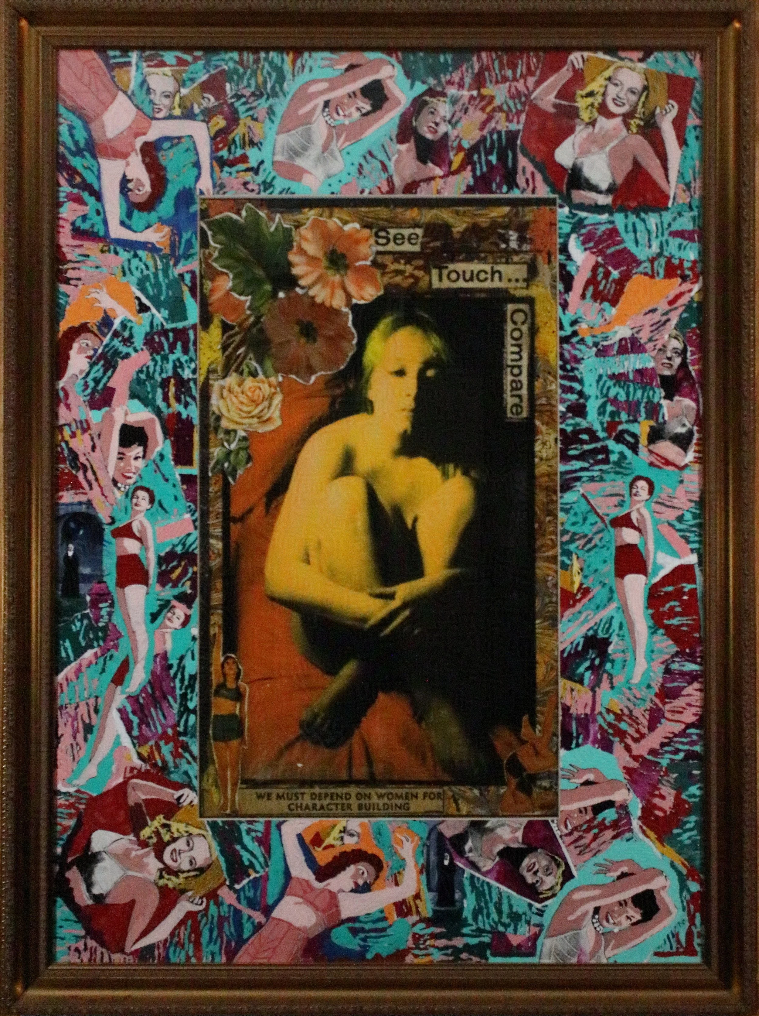 A colorful collage of women in various poses surrounding a central poster featuring a woman in yellow with dark hair, flowers, and a sign that reads "We Must Depend on Women for Character Building".