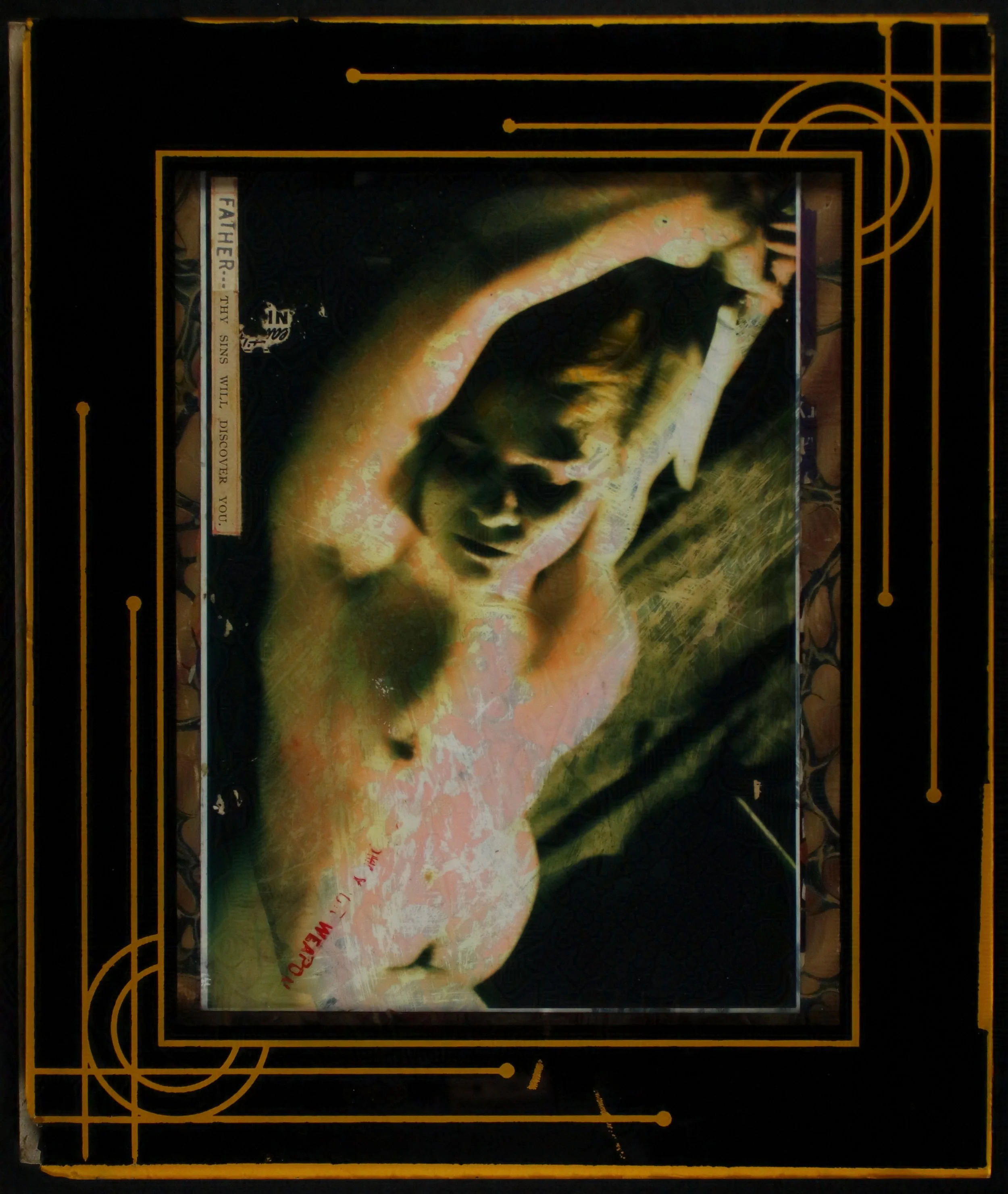 A vintage movie poster featuring a painted portrait of a woman with a hand resting on her forehead. The poster has a black background with gold decorative borders and lines.