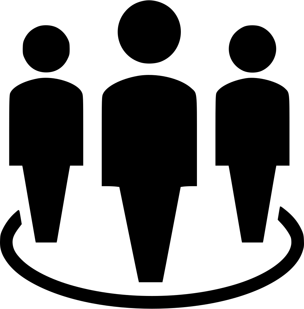 Outline of three person icons standing together on a circular platform.