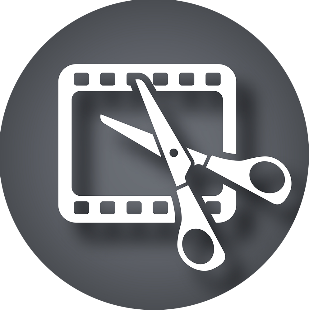 Icon of a filmstrip and a pair of scissors, representing video editing or cutting.