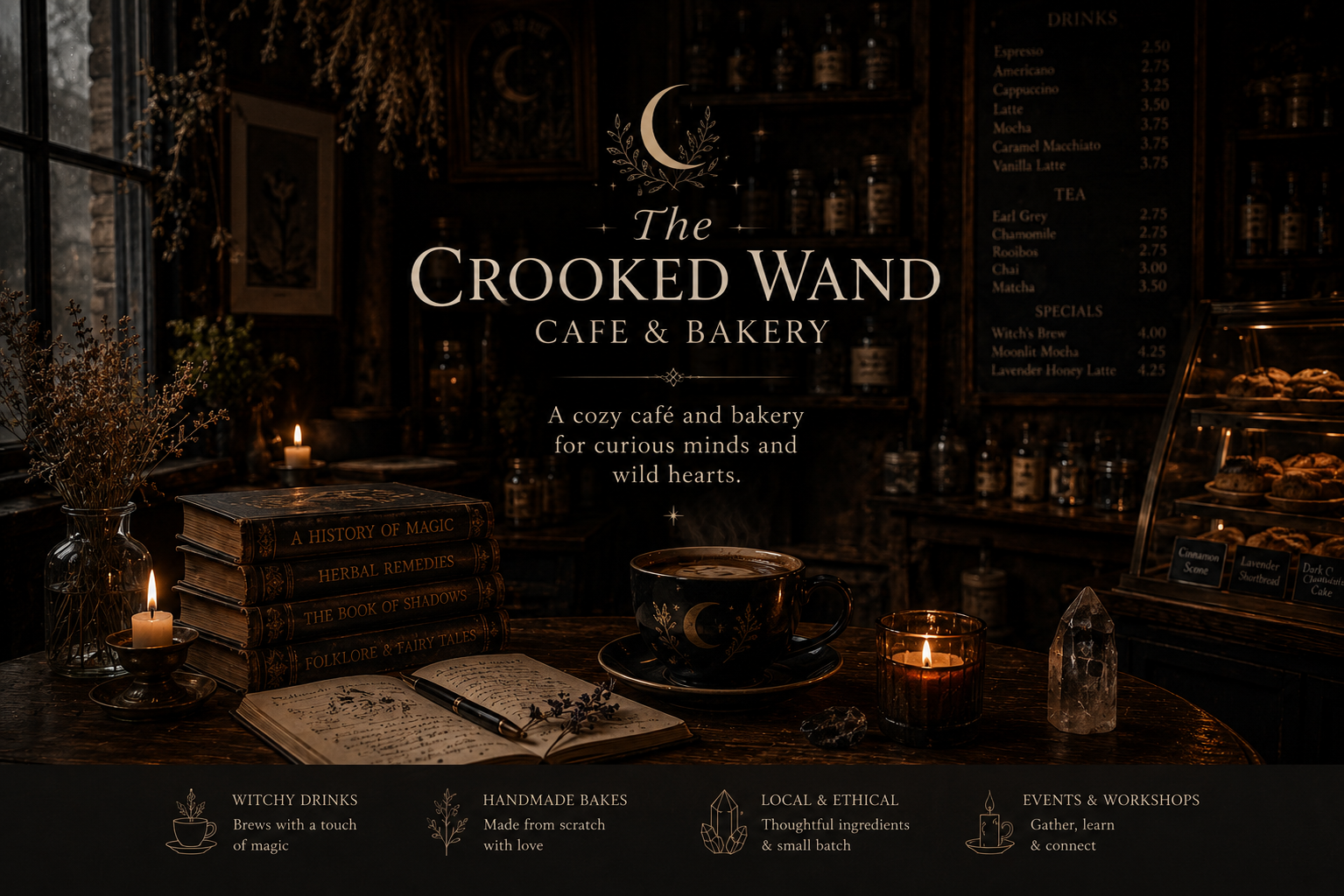 Decorative logo of a crescent moon and foliage at the top of a cozy cafe and bakery promotional sign. The sign features a reading nook with a stack of books, a candle, a notebook, and a cup of coffee. The background shows a dark wooden interior with shelves and a menu. The bottom mentions witchy drinks, handmade bakes, local & ethical ingredients, and events & workshops.