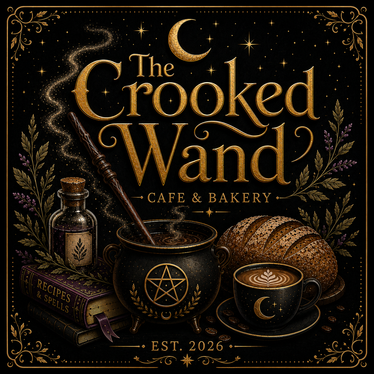Dark-themed advertisement for "The Crooked Wand Cafe & Bakery" with gold accents, featuring a bubbling cauldron with a swirling potion, a wand, a jar with herbs, a book titled "Recipes & Spells," a loaf of bread, a cup of latte with a moon and star design, and a pentagram symbol. The design includes decorative stars, a crescent moon, and botanical illustrations, with the establishment date 2026.