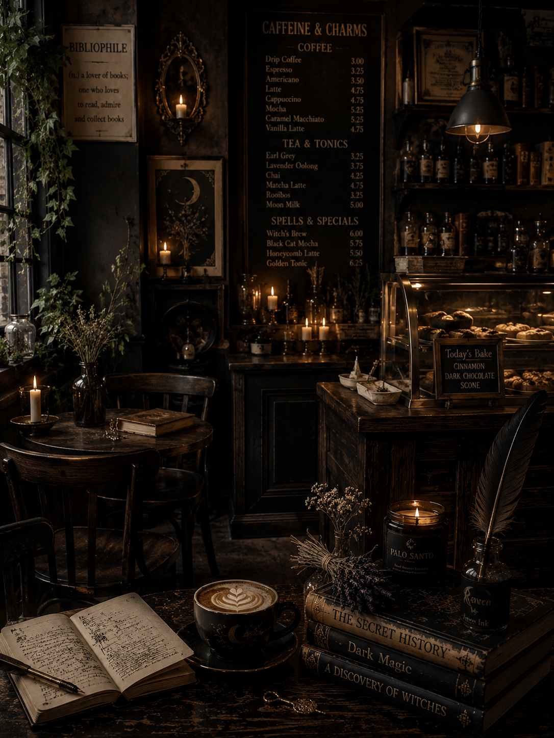 A cozy coffee shop with dim lighting, candles, a blackboard menu listing various coffee drinks, teas, and specials, a display case with baked goods, and a table with a latte, books, candles, and decorative items.