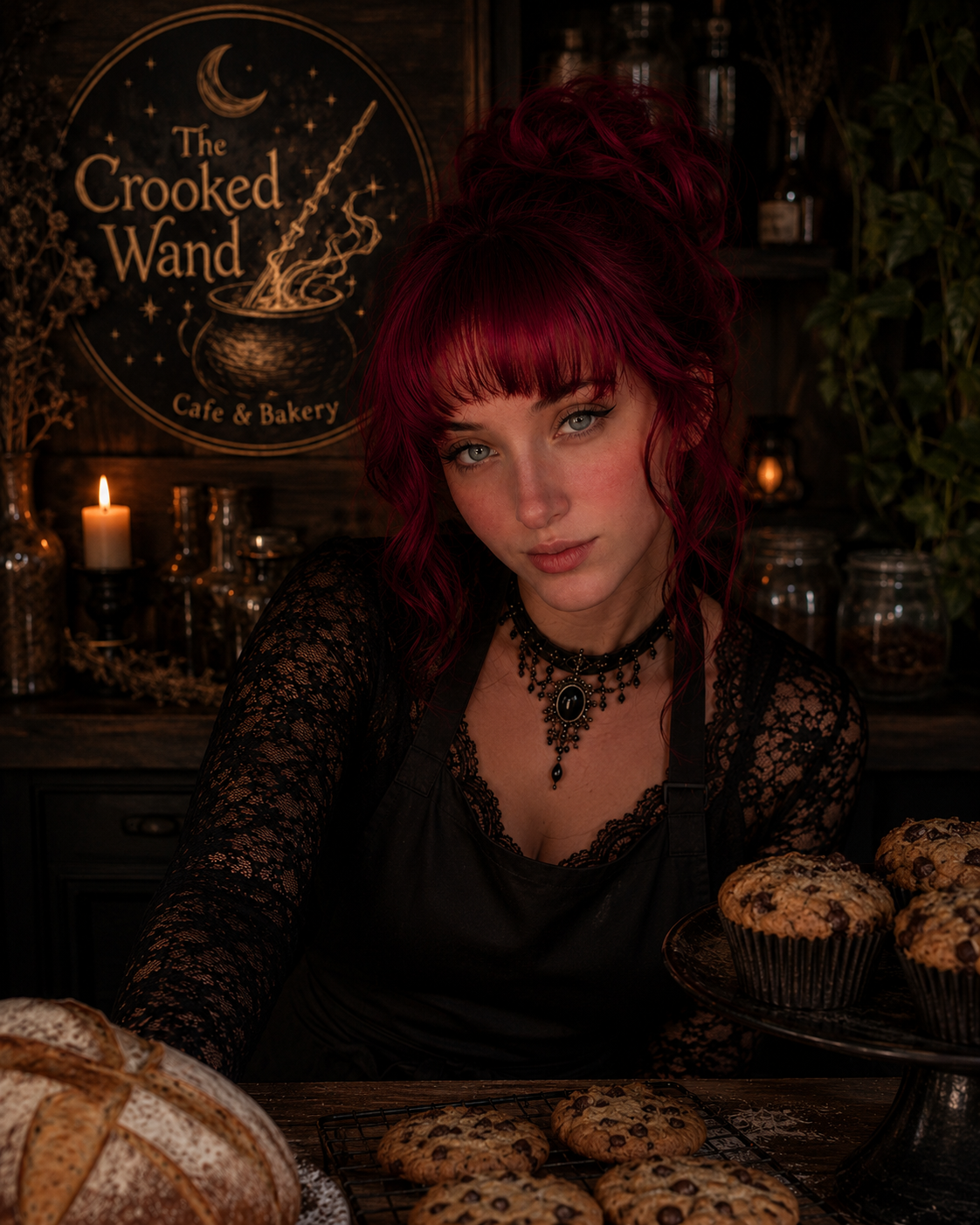 A woman with red hair and a black lace top working in a bakery, surrounded by cookies and baked goods, with a dark rustic decor and candles in the background.